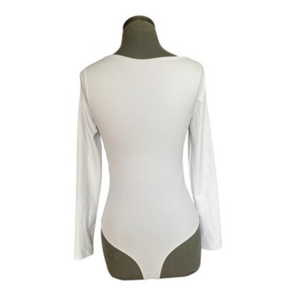 Flevita White Square Neck Long Sleeve Thong Bodysuit Women's Size S VG - Picture 6 of 6
